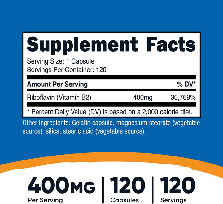 Nutricost Vitamin B2 (Riboflavin) 400Mg, 120 Capsules (3 Bottles)