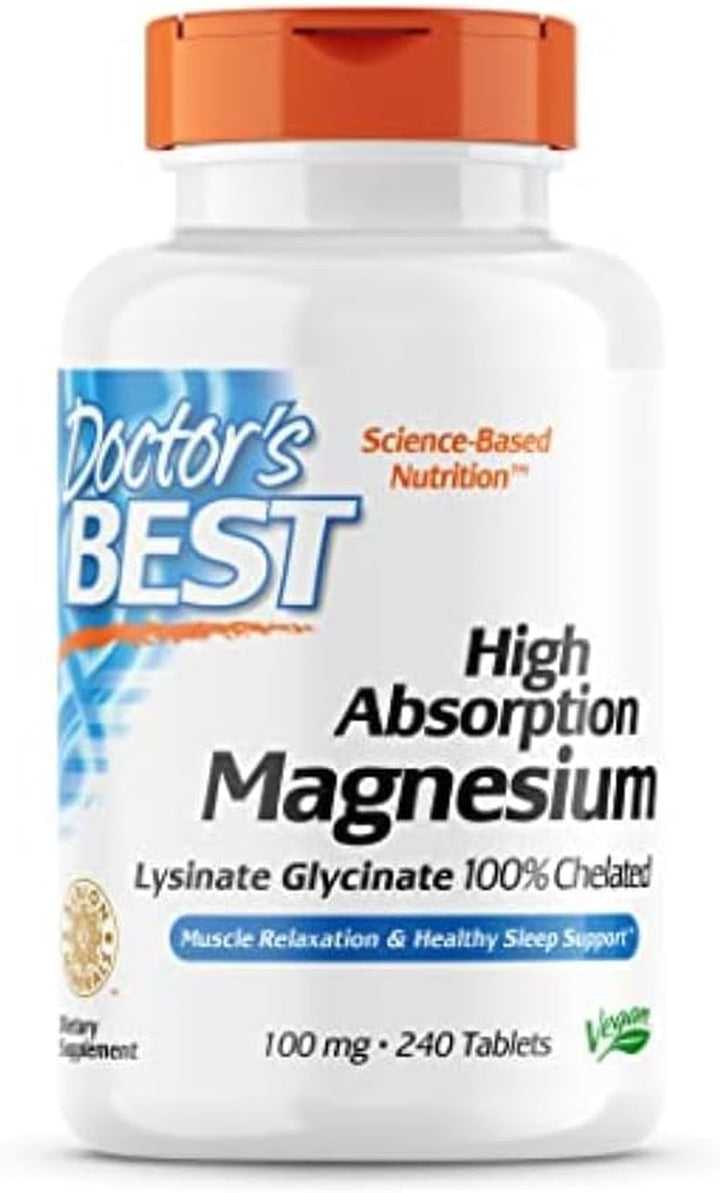 Doctor'S Best High Absorption Magnesium Glycinate Lysinate, 100% Chelated, Non-Gmo, Vegan, Gluten & Soy Free, 100 Mg, 240 Count