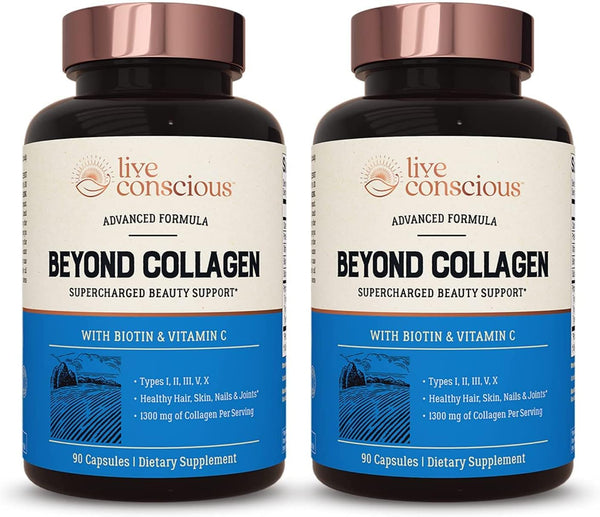 Live Conscious beyond Collagen Multi Collagen Capsules - Types I, II, III, V & X | Hydrolyzed Blend with Biotin & Vitamin C for Hair, Skin, Nails 90 Capsules (2-Pack)