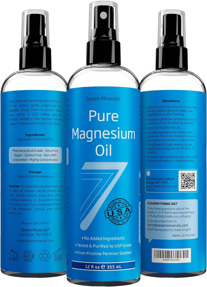 Seven Minerals, Pure Magnesium Oil Spray - Big 12 Fl Oz (Lasts 9 Months) - USP Grade Magnesium Spray, No Unhealthy Trace Minerals - from Ancient Underground Permian Seabed in USA, Free Ebook Included