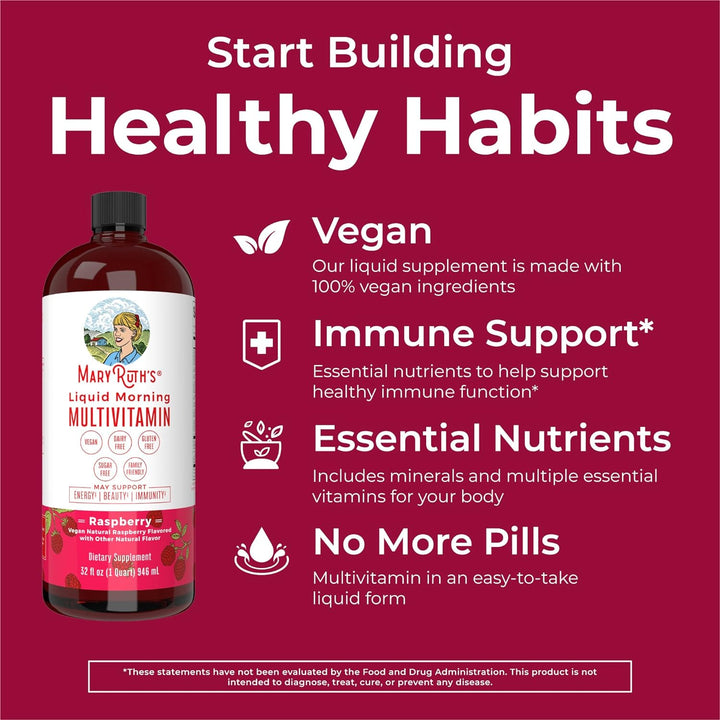 Maryruth'S Multivitamin for Women | Men & Kids | Vegan Liquid Vitamins & Minerals | Adults & Kids Multivitamins | Beauty & Energy Booster | Raspberry | No Added Sugar | 15.22 Fl Oz