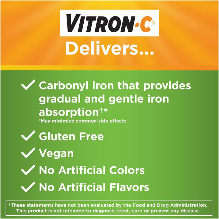 Vitron-C Iron Supplement, Once Daily, High Potency Iron plus Vitamin C, Supports Red Blood Cell Production, Dye Free Tablets, 60 Count