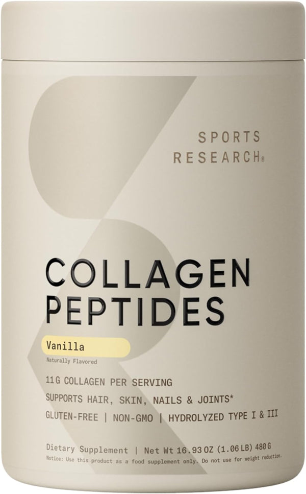 Sports Research Collagen Peptides - Hydrolyzed Type 1 & 3 Collagen Powder Protein Supplement for Healthy Skin, Nails, & Joints - Easy Mixing Vital Nutrients & Proteins, Collagen for Women & Men