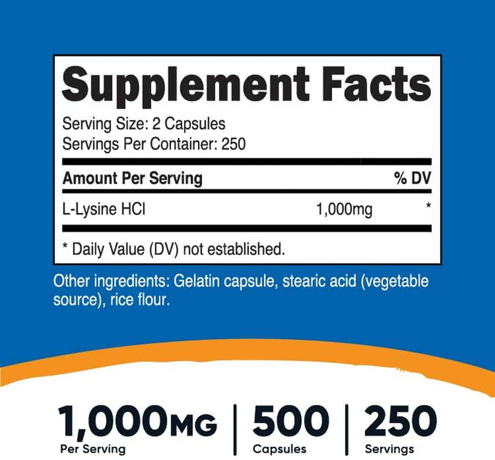 Nutricost L-Lysine 1000Mg per Serving, 250 Servings, 500 Capsules - Gluten Free, Non-Gmo, 500Mg per Capsule