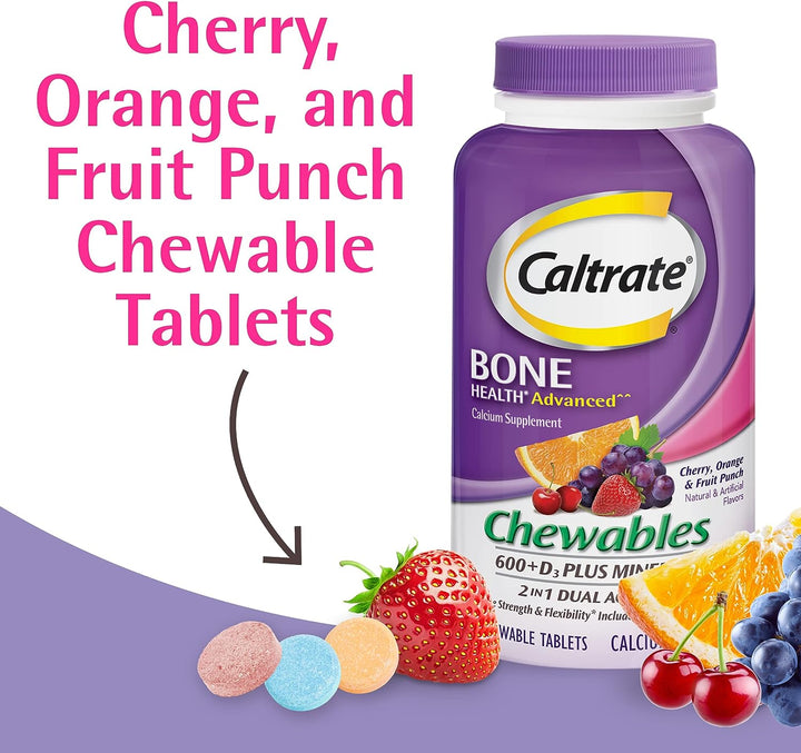 Caltrate Chewables 600 plus D3 plus Minerals Calcium Vitamin D Supplement, Cherry, Orange and Fruit Punch - 90 Count