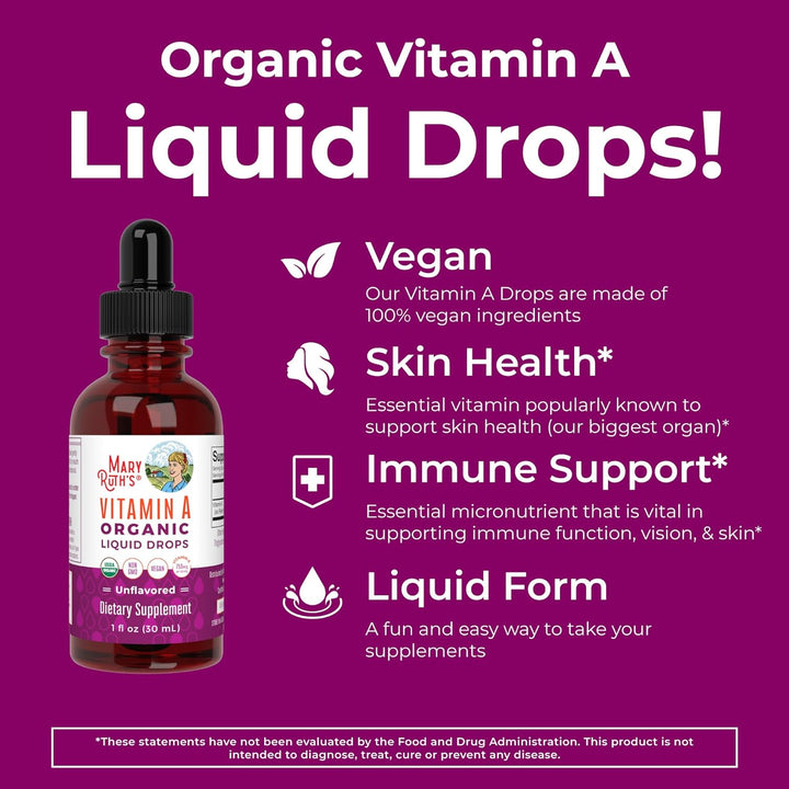 Maryruth Organics USDA Organic Vitamin a Liquid Drops | 3 Month Supply | Immune Support, Eye Health, Skin Health for Ages 14+ | 750Mcg per Serving | Sugar Free | Vegan | Non-Gmo | Gluten Free | 1Oz