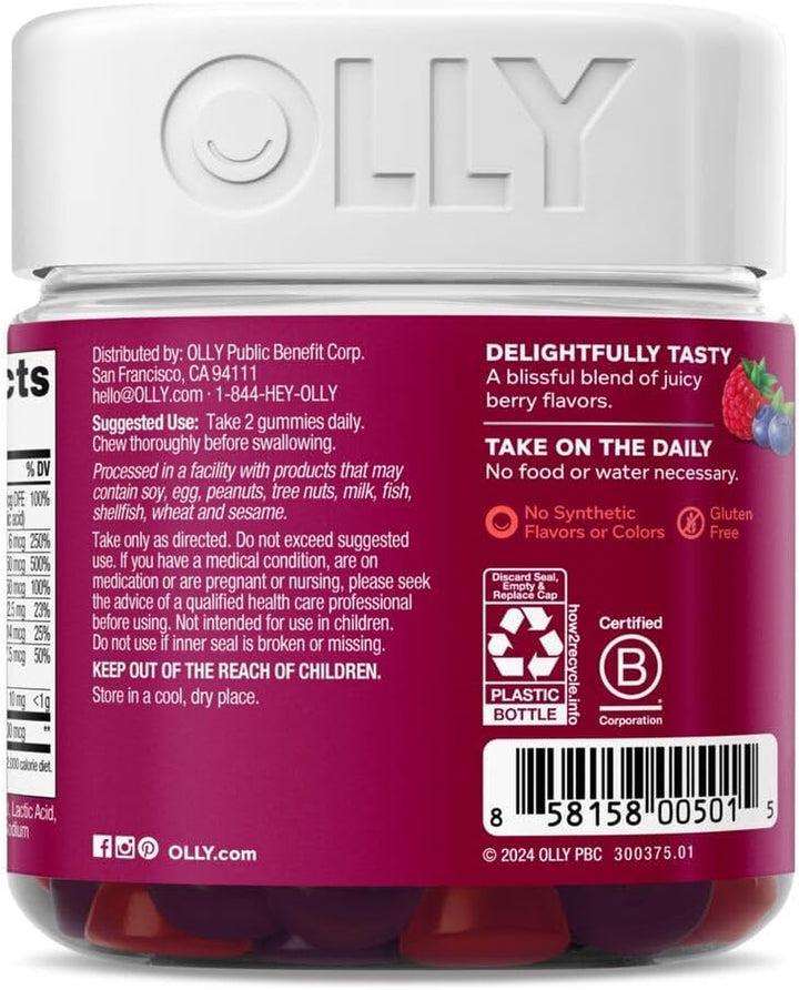 OLLY Women'S Multivitamin Gummy, Overall Health and Immune Support, Vitamins A, D, C, E, Biotin, Folic Acid, Adult Chewable Vitamin, Berry, 45 Day Supply - 90 Count (Pack of 1)