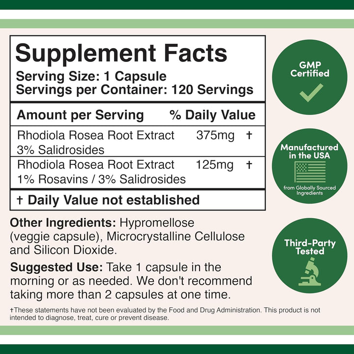 Rhodiola Rosea Supplement 500Mg, 120 Vegan Capsules (Encapsulated and Third Party Tested in the USA, 3% Salidrosides, 1% Rosavins Extract) for Performance, Calming, Motivation by Double Wood