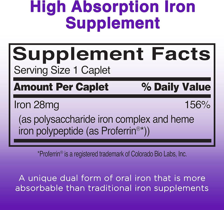 Feosol Complete Iron Supplement Caplets, Bifera Iron for High Absorption, Heme and Non-Heme Dual Action Minimizes Side Effects, 1 per Day, for Energy and Immune System Support, Made in USA, 30 Count