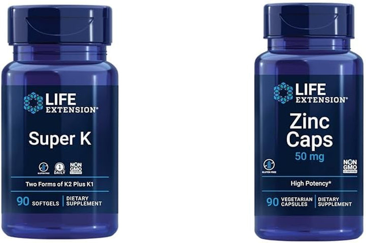 Life Extension Super K, Vitamin K1, Vitamin K2 Mk-7, Vitamin K2 Mk-4 & Zinc Caps, Zinc 50 Mg, Zinc Citrate, Support the Body'S Immune Defenses