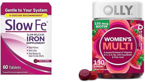 Slow Fe 45Mg Iron Supplement for Iron Deficiency, Slow Release, High Potency & OLLY Women'S Multivitamin Gummy, Overall Health and Immune Support