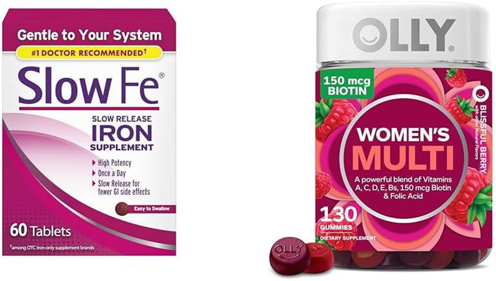 Slow Fe 45Mg Iron Supplement for Iron Deficiency, Slow Release, High Potency & OLLY Women'S Multivitamin Gummy, Overall Health and Immune Support