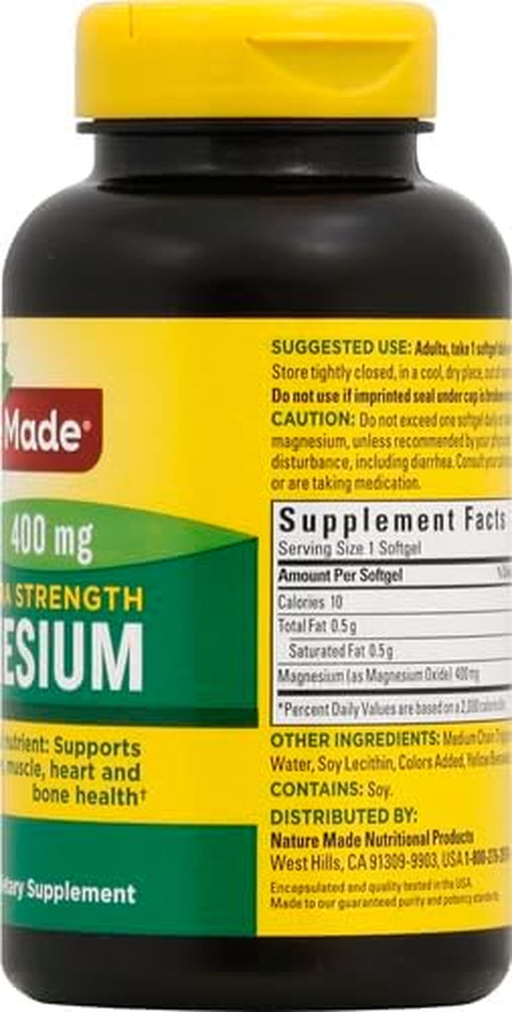Nature Made Extra Strength Magnesium Oxide 400 Mg, Dietary Supplement for Muscle, Nerve, Bone and Heart Support, 60 Softgels, 60 Day Supply
