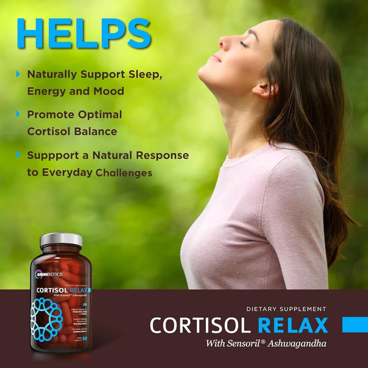 Omnibiotics Cortisol Relax Supplement with Ashwagandha, L-Theanine - Natural Cortisol Support - 60 Vegan Capsules