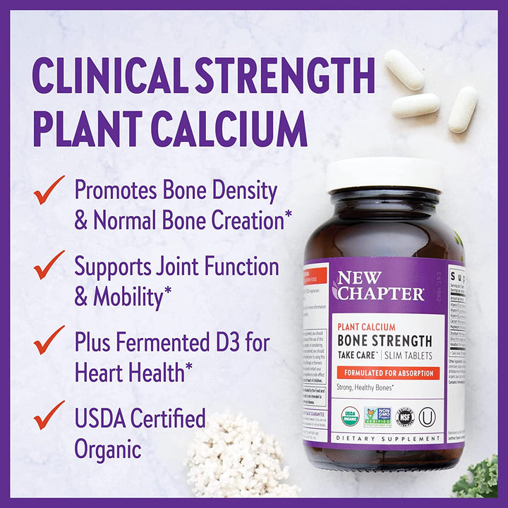 New Chapter Calcium Supplement - Bone Strength Organic Calcium with Magnesium, Vitamin D3+K2, 70+ Trace Minerals for Bone Health, Gluten Free, Easy to Swallow - 120 Slim Tablets