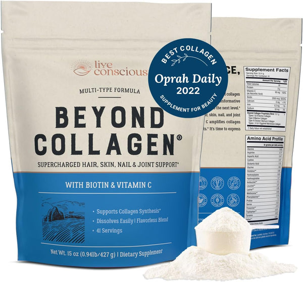 Live Conscious beyond Collagen Multi Collagen Powder for Women W/Types I, II, III, V & X - Keto Friendly, Hydrolyzed Collagen Peptides Powder Blend W/Biotin & Vitamin C 41 Servings