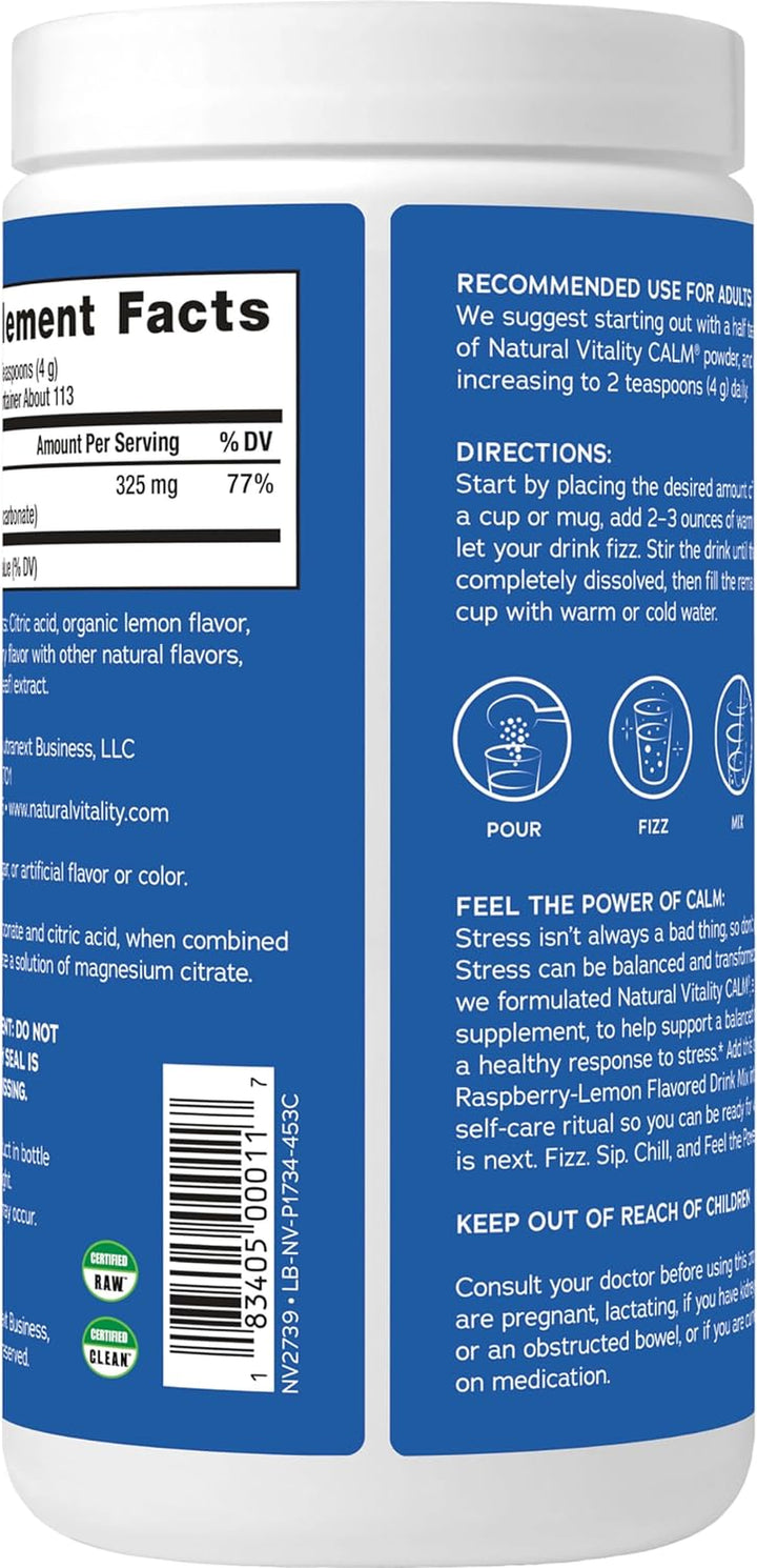 Natural Vitality Calm, Magnesium Citrate Supplement, Anti-Stress Drink Mix Powder - Gluten Free, Vegan, & Non-Gmo, Raspberry Lemon, 0.12 Oz, 30 Packets