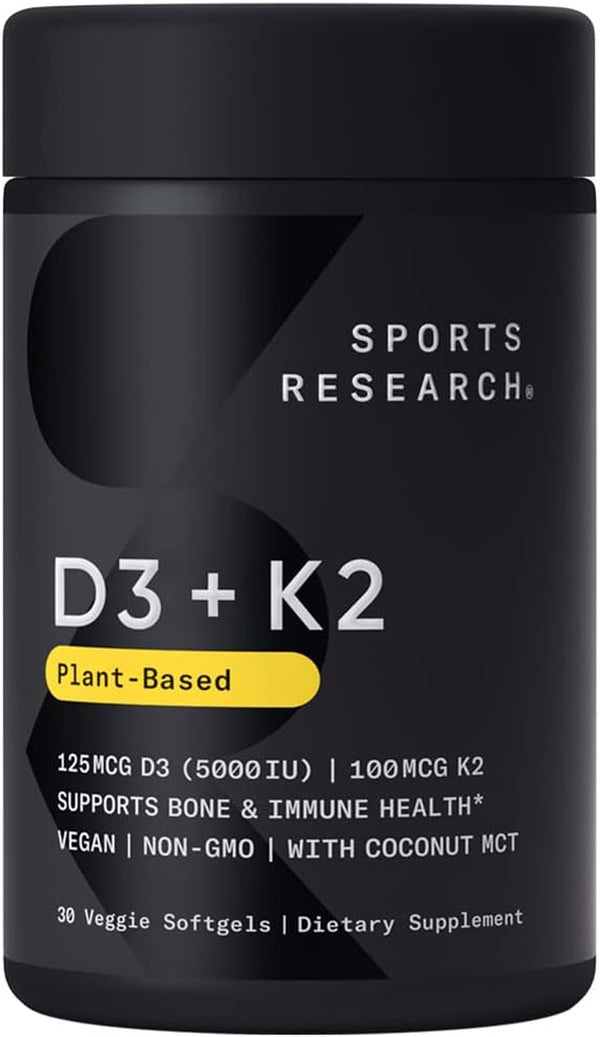 Sports Research Vegan Vitamin D3 + K2 Supplement with Organic Coconut Oil - 5000Iu Vitamin D with 100Mcg Mk7 Vitamin K - Supports Calcium for Stronger Bones & Immune Health - 30 Softgels for Adults
