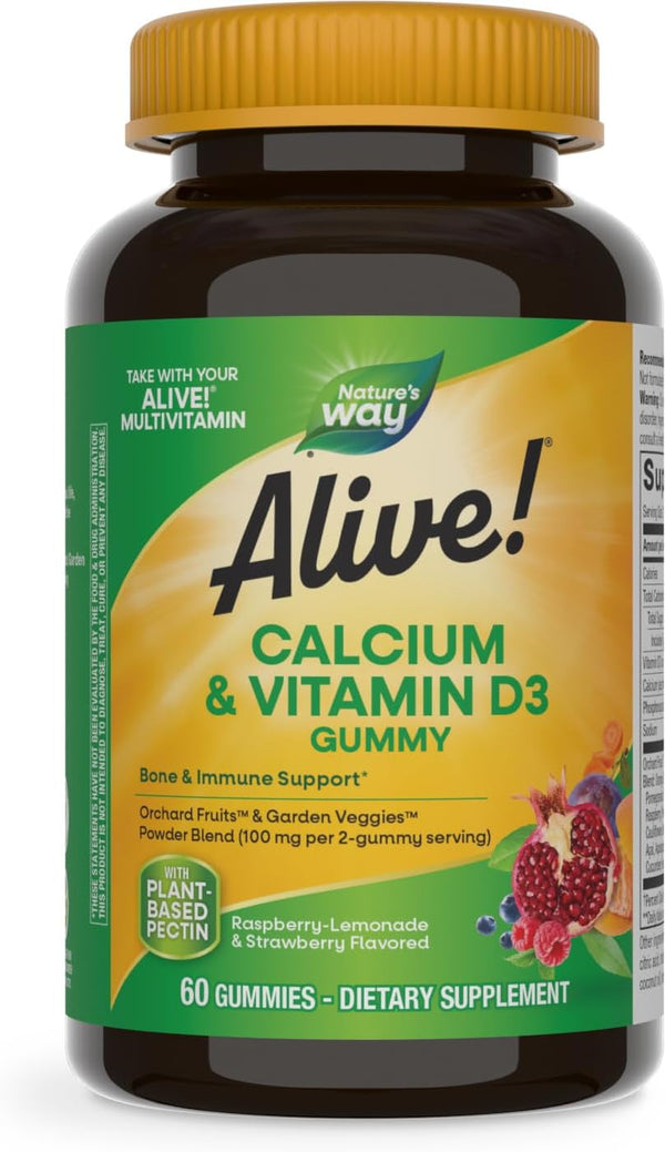 Nature'S Way Alive! Daily Calcium & Vitamin D3 Gummies, Bone Support*, Immune Support*, Strawberry and Raspberry- Lemonade Flavored, 60 Gummies (Packaging May Vary)