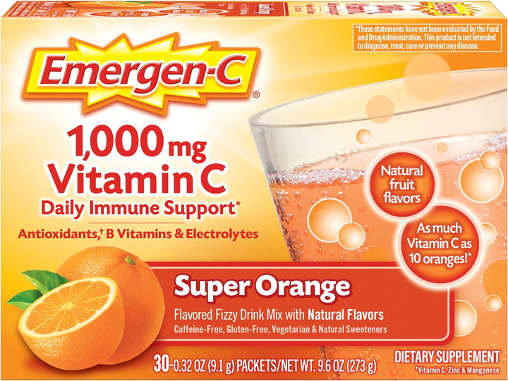 Emergen-C 1000Mg Vitamin C Powder, with Antioxidants, B Vitamins and Electrolytes, Vitamin C Supplements for Immune Support, Caffeine Free Fizzy Drink Mix, Lemon Lime Flavor - 30 Count/1 Month Supply