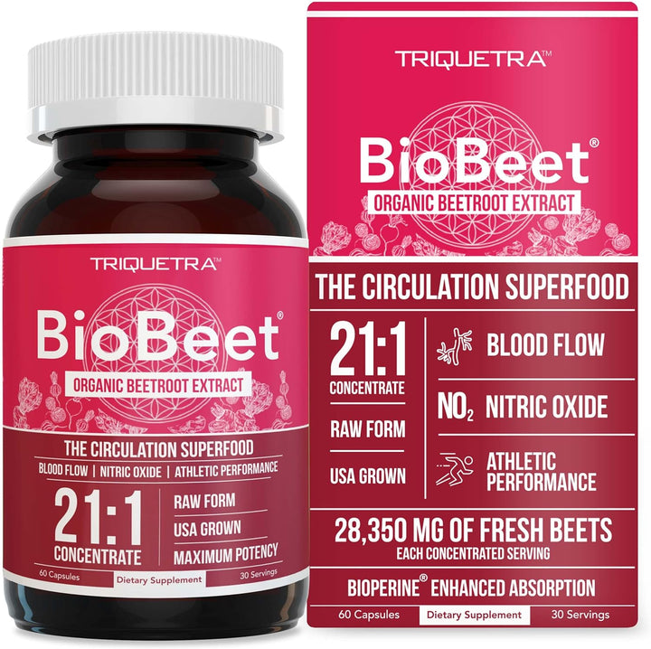 Biobeet® Max Strength Beet Root Capsules - 21:1 Concentrate, Each Serving Derived from 28,350 Mg Organic Beetroot - Absorption Enhancement with Bioperine® Black Pepper Extract (60 Capsules)