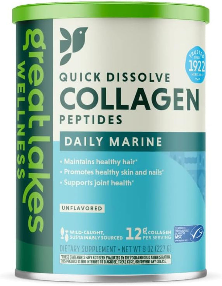 Great Lakes Wellness Marine Collagen Peptides - Unflavored - Skin Hair Nail Joints, Quick Dissolve Hydrolyzed, Wild Caught, MSC Certified, Non-Gmo, Keto, Certified Paleo, Kosher - 8 Oz Canister