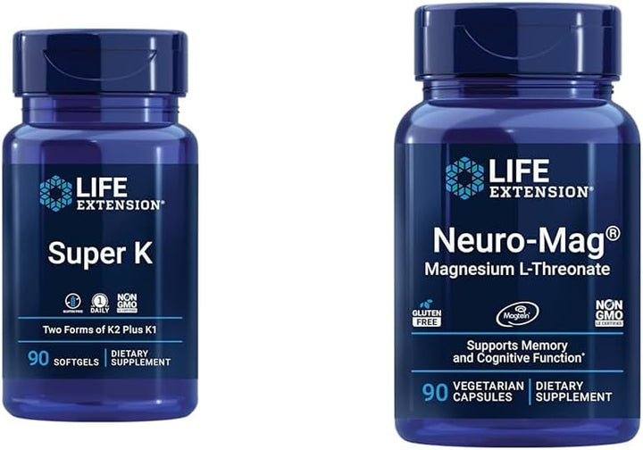 Life Extension Super K, Vitamin K1, Vitamin K2 Mk-7, Vitamin K2 Mk-4 & Neuro-Mag Magnesium L-Threonate, Magnesium L-Threonate