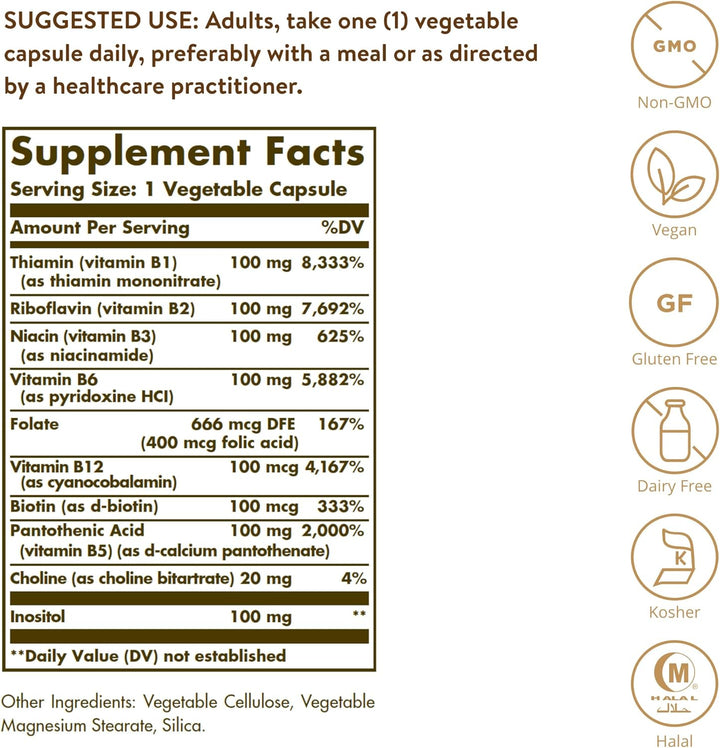 Solgar B-Complex "100", 100 Vegetable Capsules - Heart Health - Nervous System Support - Supports Energy Metabolism - Non GMO, Vegan, Gluten/ Dairy Free, Kosher, Halal - 100 Servings