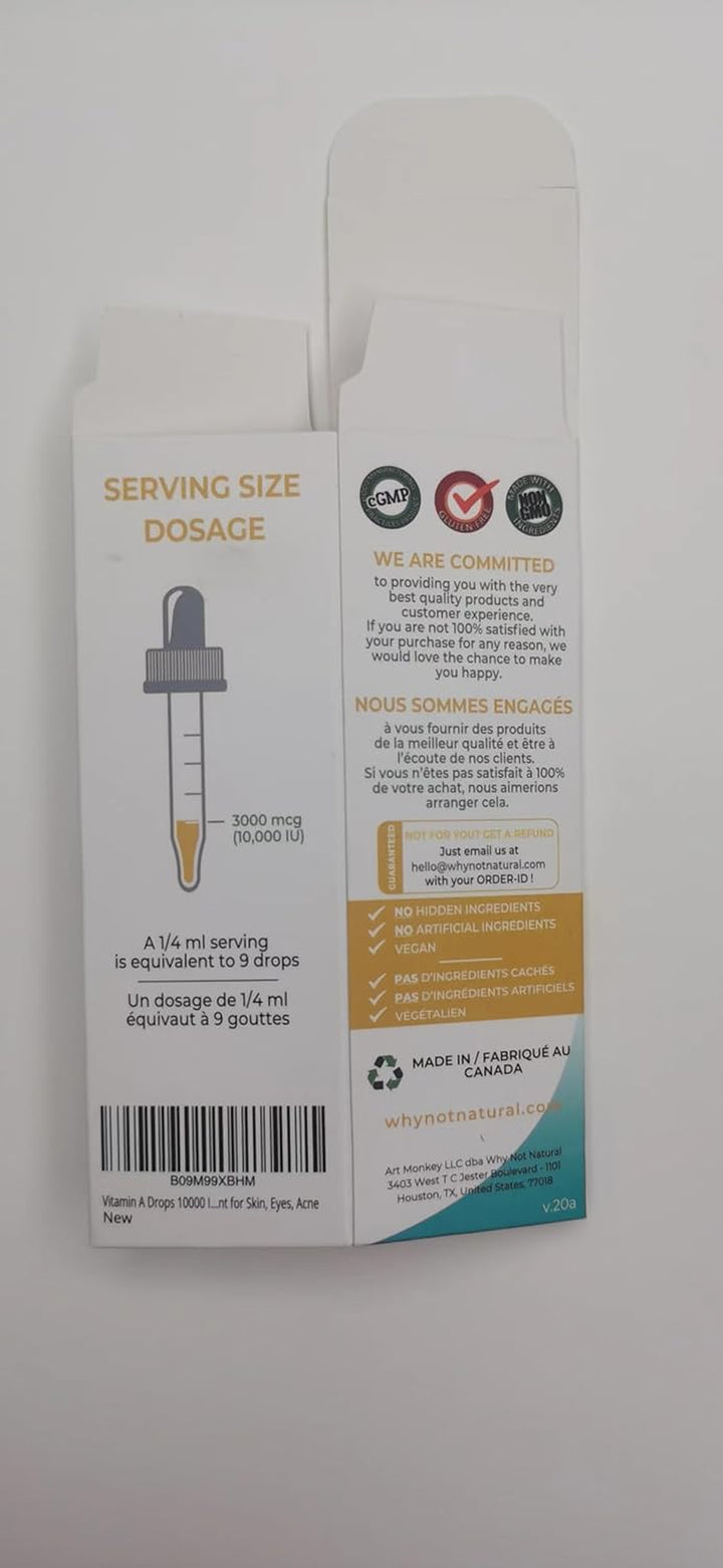 Why Not Natural Vitamin a Drops 10000 IU - Liquid Retinyl Palmitate with Coconut MCT Oil, Vegan Micellized VIT a Supplement for Skin, Eyes, Acne - 1 Oz Sublingual Tincture