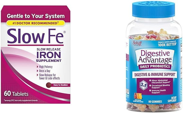 Slow Fe 45Mg Iron Supplement for Iron Deficiency, Slow Release, High Potency & Digestive Advantage Probiotic Gummies for Digestive Health