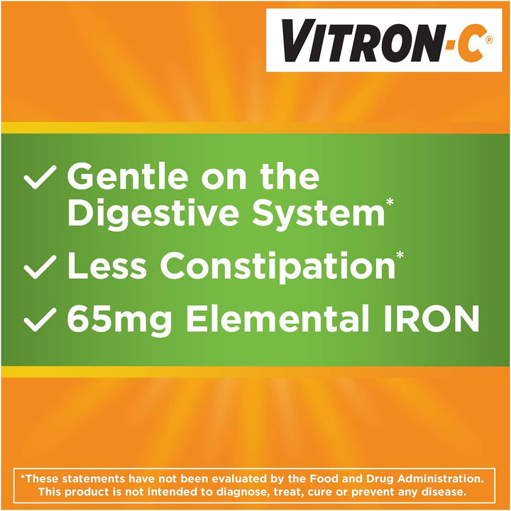 Vitron-C Iron Supplement, Once Daily, High Potency Iron plus Vitamin C, Supports Red Blood Cell Production, Dye Free Tablets, 60 Count