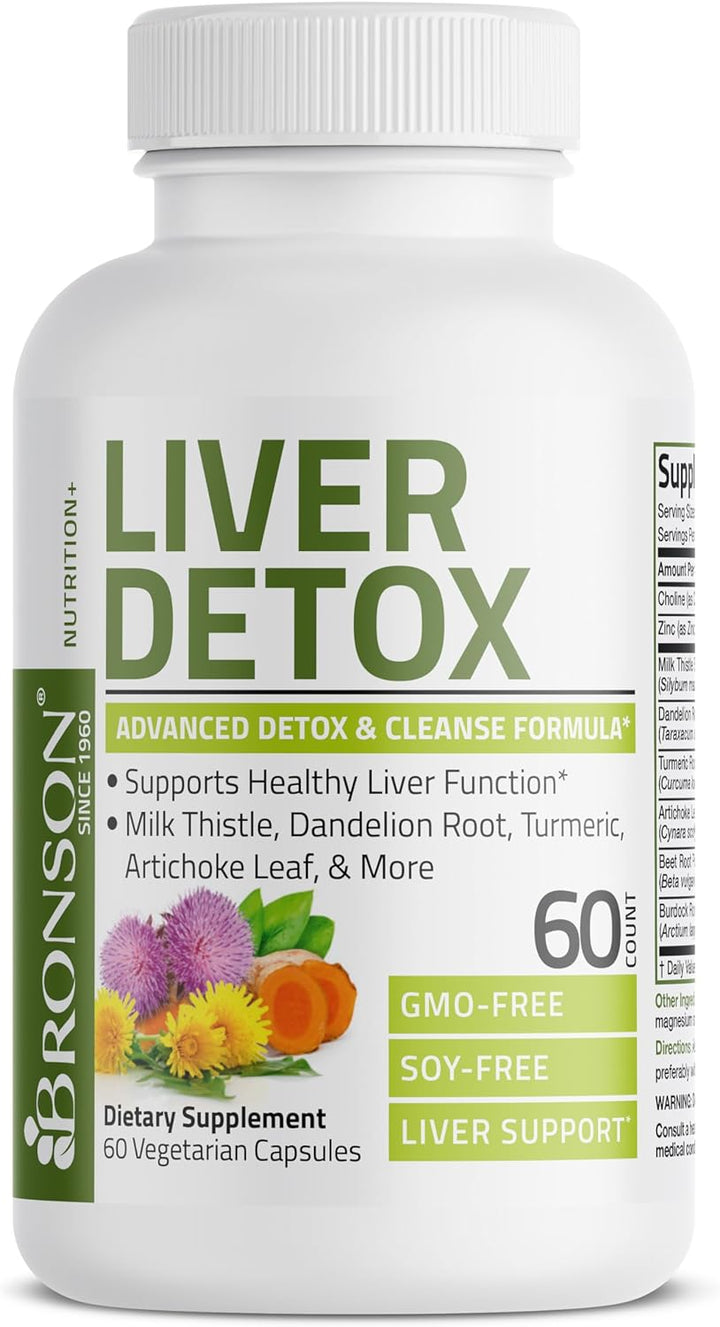 Bronson Liver Detox Advanced Detox & Cleansing Formula Supports Health Liver Function with Milk Thistle, Dandelion Root, Turmeric, Artichoke Leaf & More, Non-Gmo, 60 Vegetarian Capsules