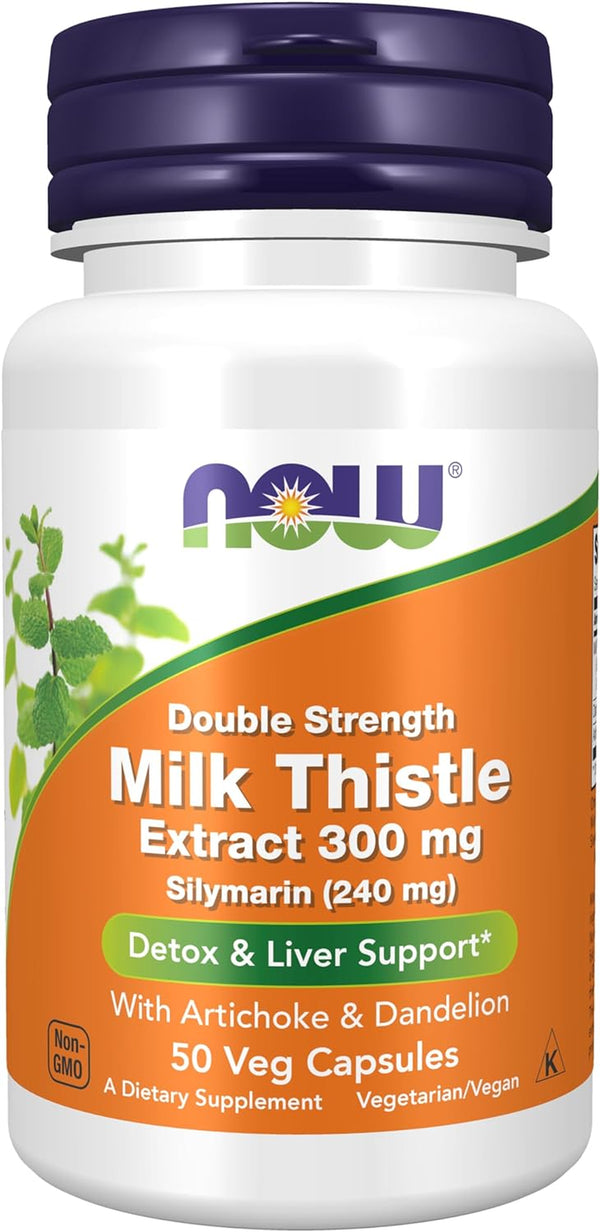 NOW Supplements, Silymarin Milk Thistle Extract 300 Mg with Artichoke and Dandelion, Double Strength, Supports Liver Function*, 50 Veg Capsules