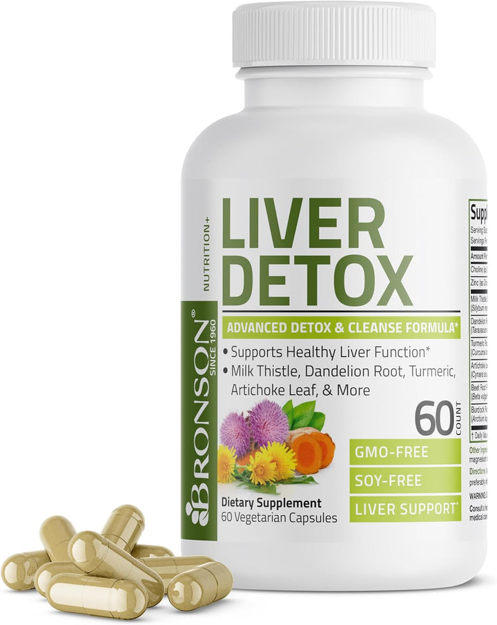 Bronson Liver Detox Advanced Detox & Cleansing Formula Supports Health Liver Function with Milk Thistle, Dandelion Root, Turmeric, Artichoke Leaf & More, Non-Gmo, 60 Vegetarian Capsules