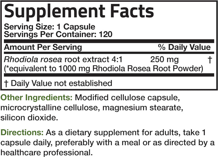 Bronson Rhodiola Rosea Vegetarian Capsules - Adaptogenic Herb - Brain, Stress & Mood Support - Non-Gmo, 250 Count