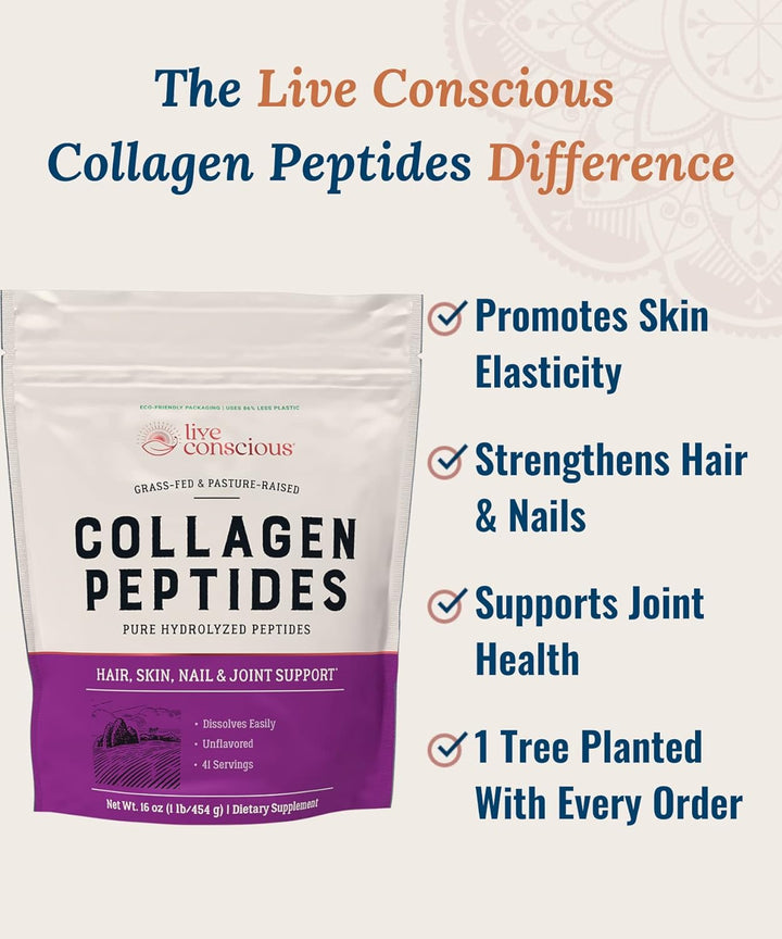 Live Conscious Collagen Peptides Powder - Chocolate Collagen Powder - Hair, Skin, Nail, and Joint Support - Type I & III Grass-Fed Collagen Supplements for Women and Men - 30 Servings - 15Oz