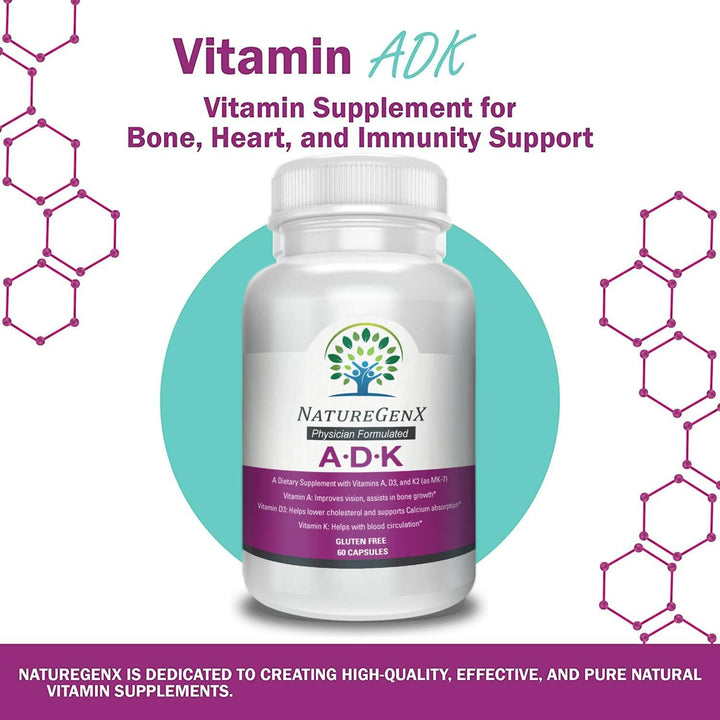 Naturegenx ADK Vitamin Supplement 5000 IU - High Potency Vitamins A, D3, and K2 for Bone Health and Calcium Absorption | Gluten-Free Vitamin ADK Supplement, 60 Day Supply, 60 Capsules