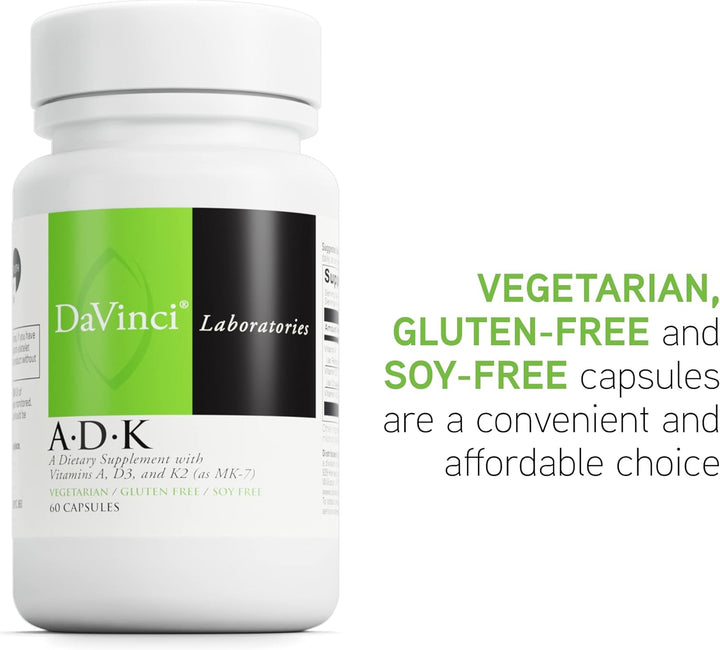 DAVINCI Labs ADK - Helps Support Bone, Heart & Immune Health* - Dietary Supplement with Vitamins A, D3 & K2 (As MK-7) - Vegetarian, Gluten Free & Soy Free - 60 Capsules