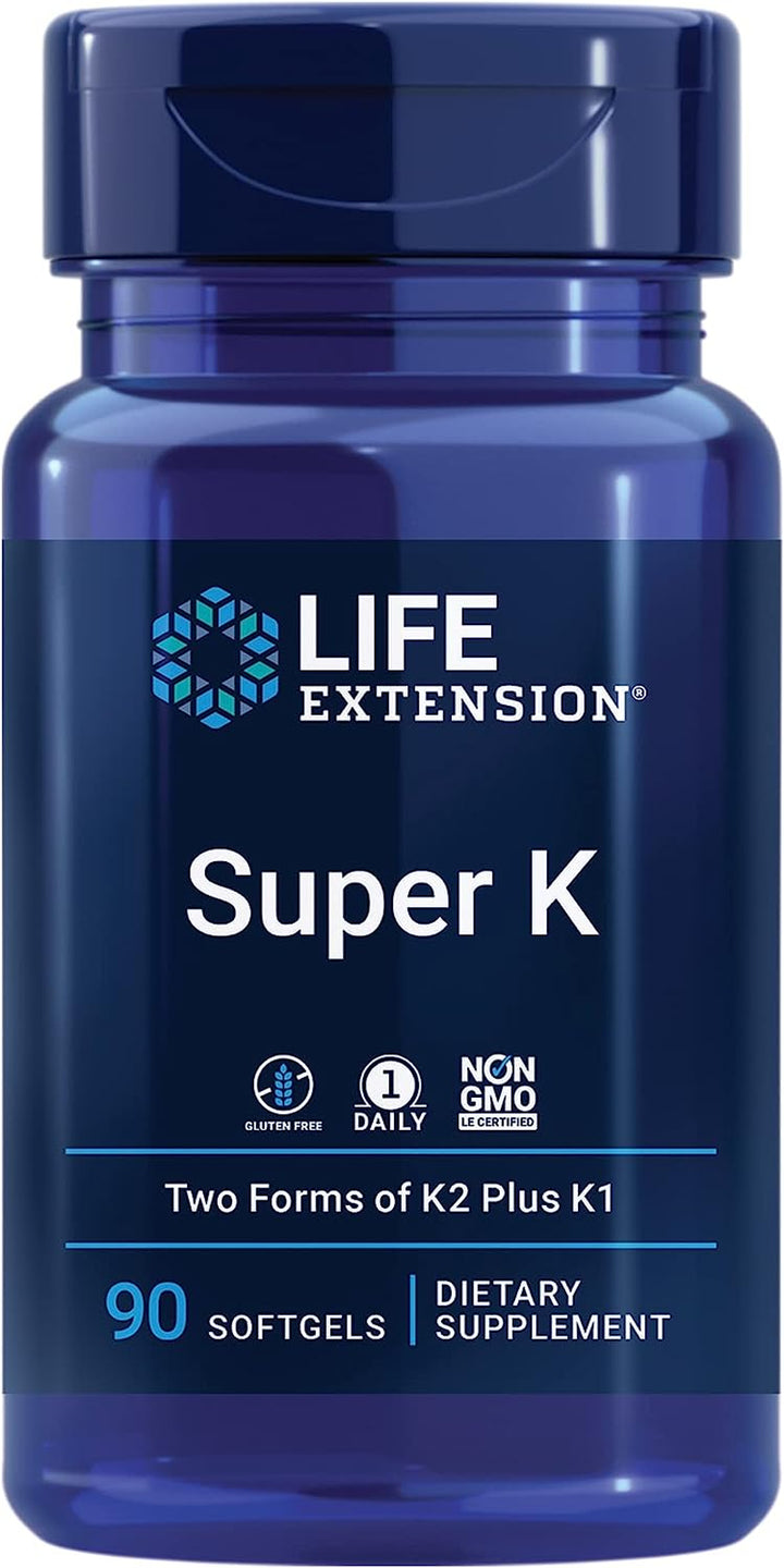 Life Extension Super K, Vitamin K1, Vitamin K2 Mk-7, Vitamin K2 Mk-4, Vitamin C, Bone/Heart/Arterial Health, 3-Month Supply, Gluten-Free, 1 Daily, Non-Gmo, 90 Softgels (Pack of 2)