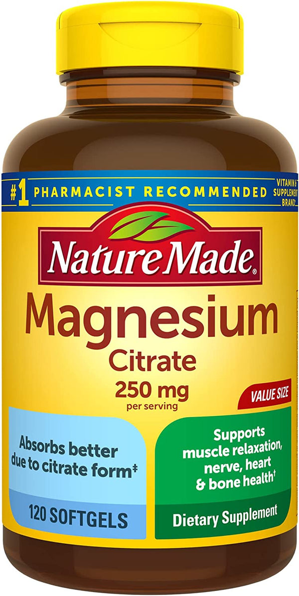 Nature Made Magnesium Citrate 250 Mg per Serving, Dietary Supplement for Muscle, Nerve, Bone and Heart Support, 120 Softgels, 60 Day Supply