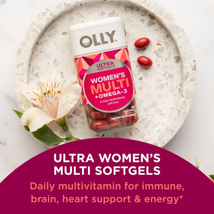 OLLY Women'S Multi + Omega-3 Ultra Strength Softgels and Flawless Complexion Berry Gummies - 60 Count and 50 Count