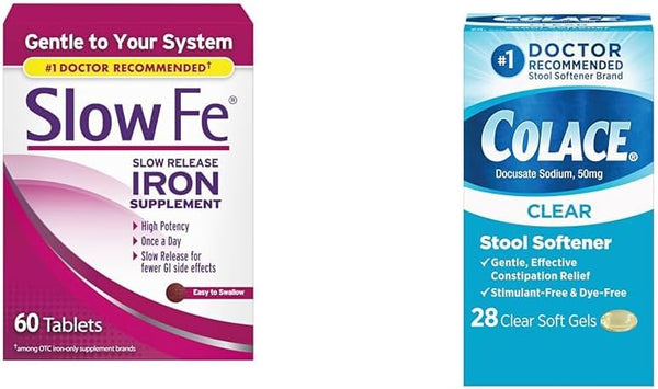 Slow Fe 45Mg Iron Supplement for Iron Deficiency, Slow Release, High Potency & Colace Clear Stool Softener Soft Gel Capsules Constipation Relief 50Mg Docusate Sodium Doctor Recommended 28Ct