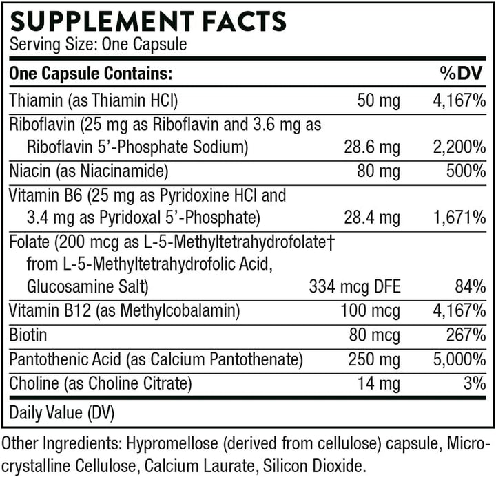 THORNE Stress B-Complex - Vitamins B2, B6, B12, and Folate in Highly-Absorbable and Active Forms - Extra Vitamin B5 for Adrenal Support, Stress Management and Immune Function - 60 Capsules