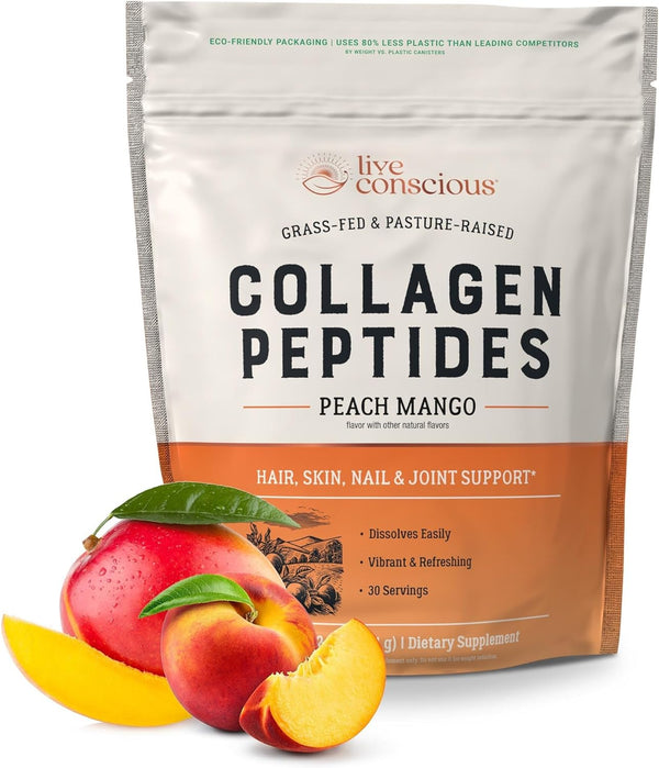 Live Conscious Collagen Peptides Powder - Peach Mango Flavored Collagen Powder - Hair, Skin, Nail, & Joint Support - Type I & III Grass-Fed Collagen Supplements for Women and Men - 30 Servings - 13Oz