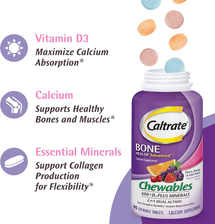 Caltrate Chewables 600 plus D3 plus Minerals Calcium Vitamin D Supplement, Cherry, Orange and Fruit Punch - 155 Count