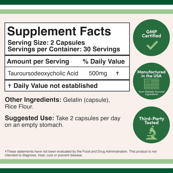 TUDCA Bile Salts Liver Support Supplement, 500Mg Servings, Liver and Gallbladder Cleanse Supplement (60 Capsules, 250Mg) Genuine Bile Acid TUDCA with Strong Bitter Taste by Double Wood