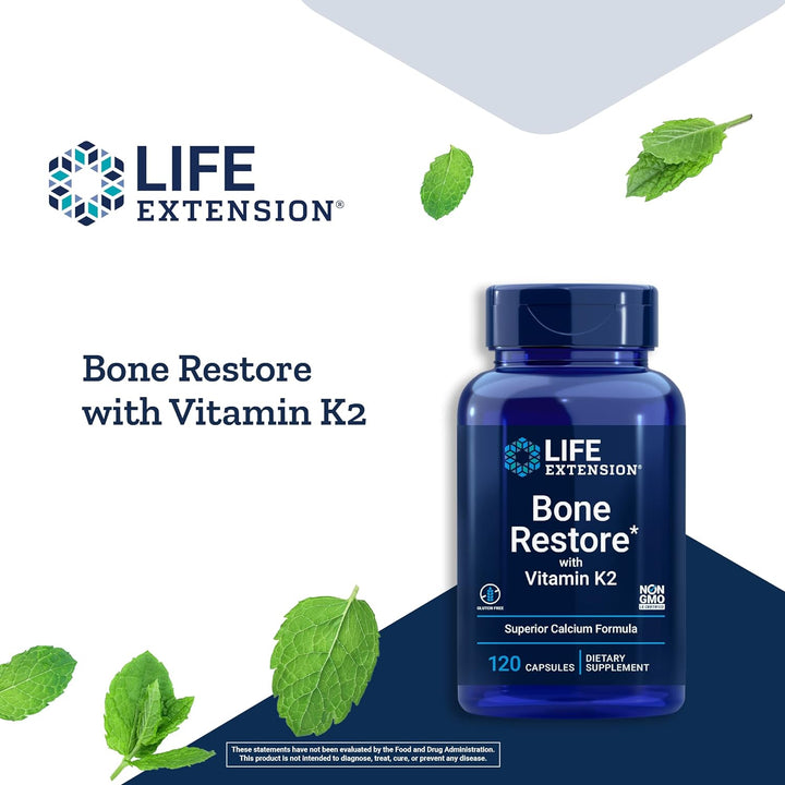 Life Extension Bone Restore + Vitamin K2 + Essential Medical Supply Universal Rail Pouch - 120 Capsules Maintain Bone Health + Bed Rail Accessory