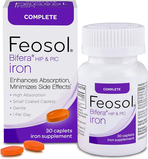 Feosol Complete Iron Supplement Caplets, Bifera Iron for High Absorption, Heme and Non-Heme Dual Action Minimizes Side Effects, 1 per Day, for Energy and Immune System Support, Made in USA, 30 Count