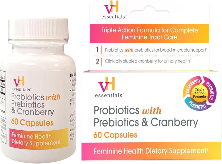 Vh Essentials Probiotics with Prebiotics and Cranberry Feminine Health Supplement, 60 Capsules (Pack of 3)