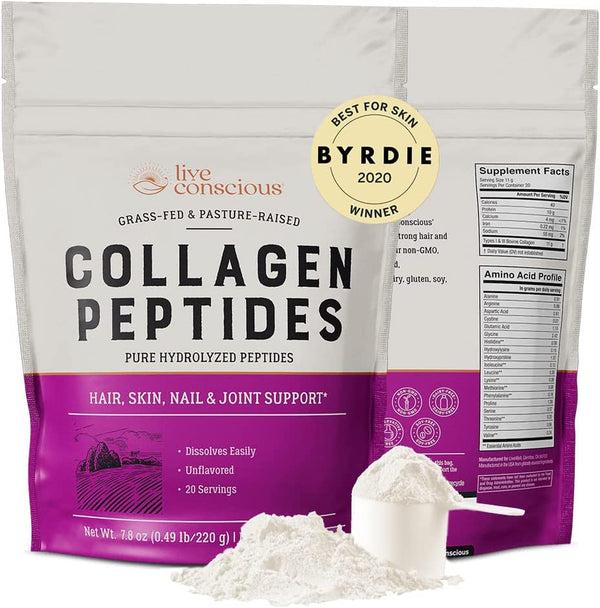 Live Conscious Collagen Powder Hydrolyzed Collagen Peptides Type I & III - Keto & Paleo Friendly - Unflavored - 20 Servings, 7.8 Oz